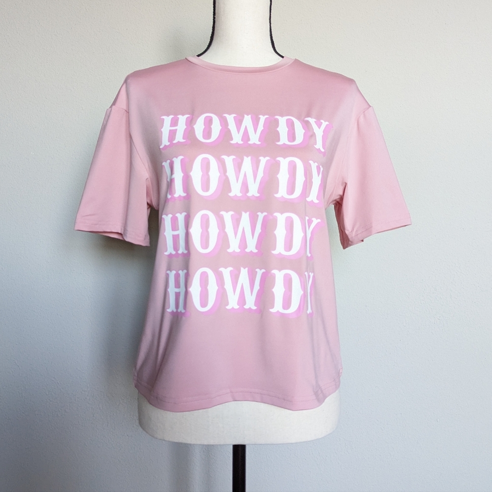 Pink and white western Howdy short sleeve tshirt top size S